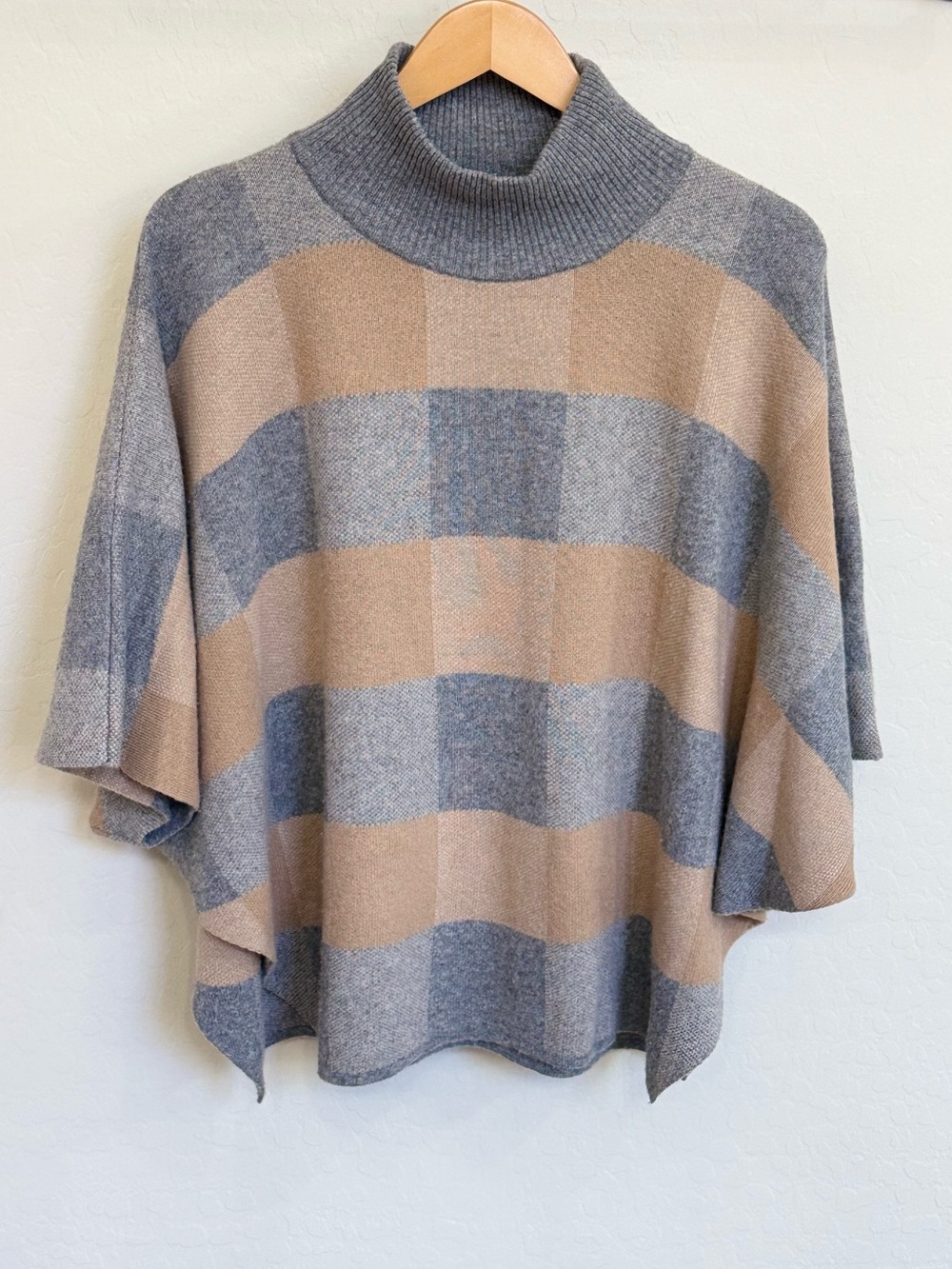 Note di Anita Plaid Poncho Sweater Merino Wool Cashmere Turtleneck Made Italy OS